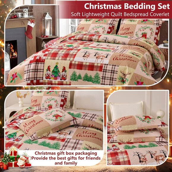 NEW! Christmas Bedding Set Christmas Quilt Bedspread, Gnome Santa Claus Plaid - Picture 4 of 6